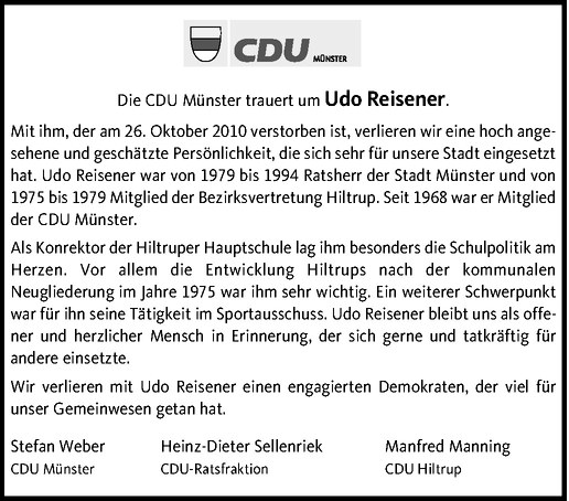  Traueranzeige für Udo Reisener vom 13.11.2010 aus Westfälische Nachrichten