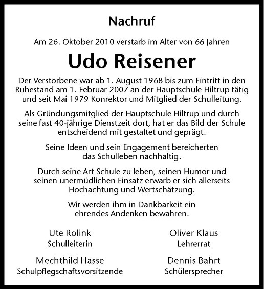  Traueranzeige für Udo Reisener vom 13.11.2010 aus Westfälische Nachrichten