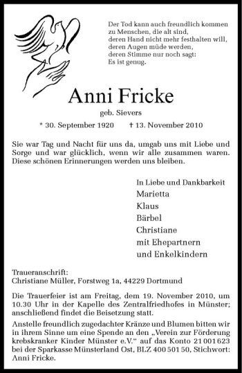 Anzeige von Anni Fricke von Westfälische Nachrichten