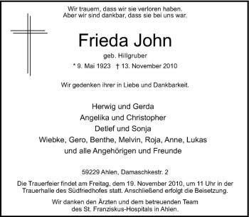 Anzeige von Frieda John von Westfälische Nachrichten