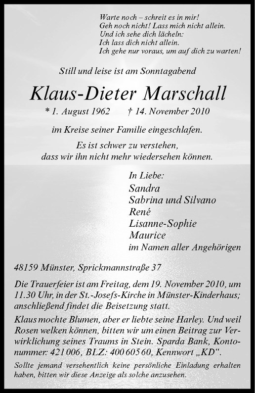  Traueranzeige für Klaus-Dieter Marschall vom 17.11.2010 aus Westfälische Nachrichten