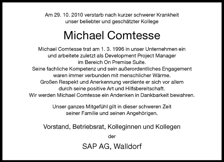  Traueranzeige für Michael Comtesse vom 17.11.2010 aus Westfälische Nachrichten