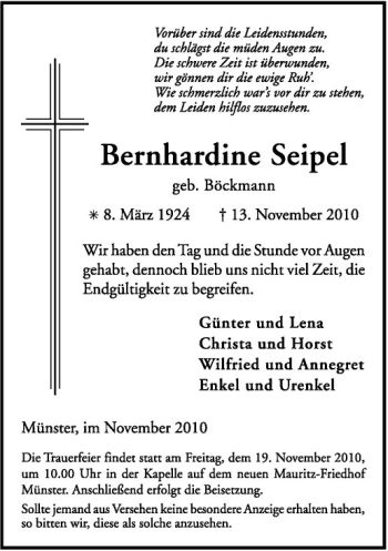 Anzeige von Bernhardine Seipel von Westfälische Nachrichten