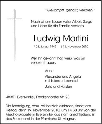 Anzeige von Ludwig Martini von Westfälische Nachrichten