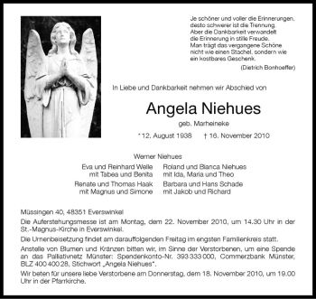 Anzeige von Angela Niehues von Westfälische Nachrichten