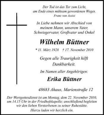 Anzeige von Wilhelm Büttner von Westfälische Nachrichten