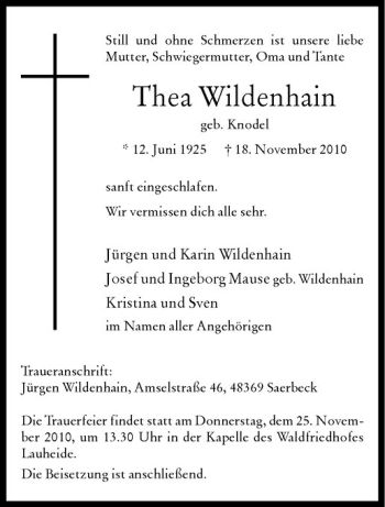 Anzeige von Thea Wildenhain von Westfälische Nachrichten