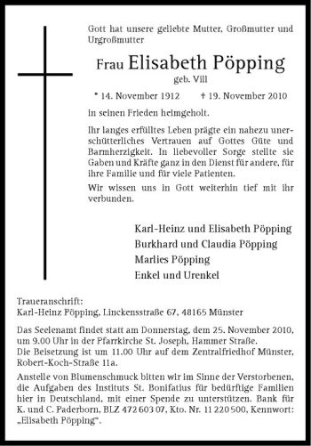 Anzeige von Elisabeth Pöpping von Westfälische Nachrichten