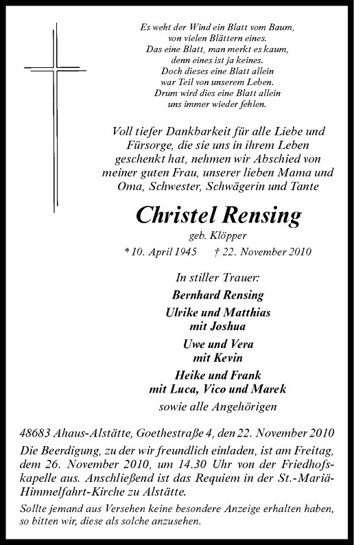  Traueranzeige für Christel Rensing vom 24.11.2010 aus Westfälische Nachrichten