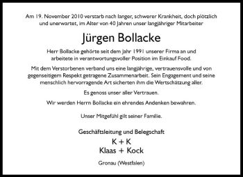 Anzeige von Jürgen Bollacke von Westfälische Nachrichten