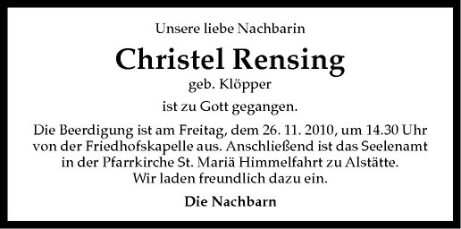  Traueranzeige für Christel Rensing vom 25.11.2010 aus Westfälische Nachrichten