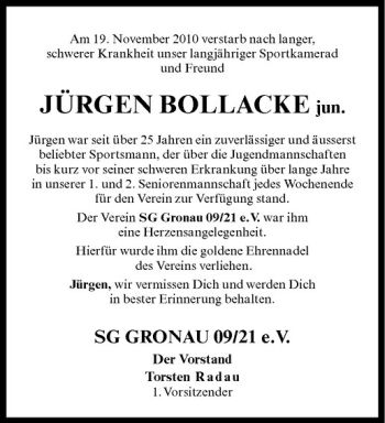 Anzeige von Jürgen Bollacke von Westfälische Nachrichten