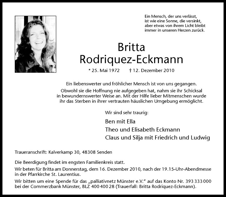 Traueranzeige für Britta Rodriguez-Eckmann vom 15.12.2010 aus Westfälische Nachrichten