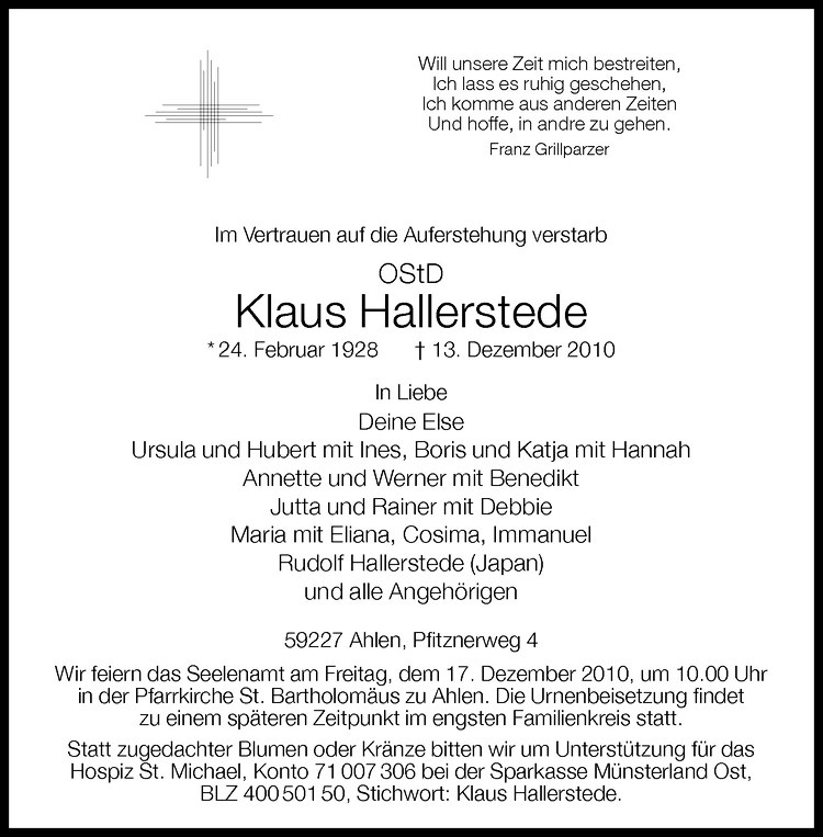  Traueranzeige für Klaus Hallerstede vom 15.12.2010 aus Westfälische Nachrichten