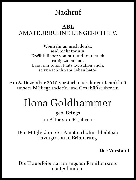  Traueranzeige für Ilona Goldhammer vom 16.12.2010 aus Westfälische Nachrichten