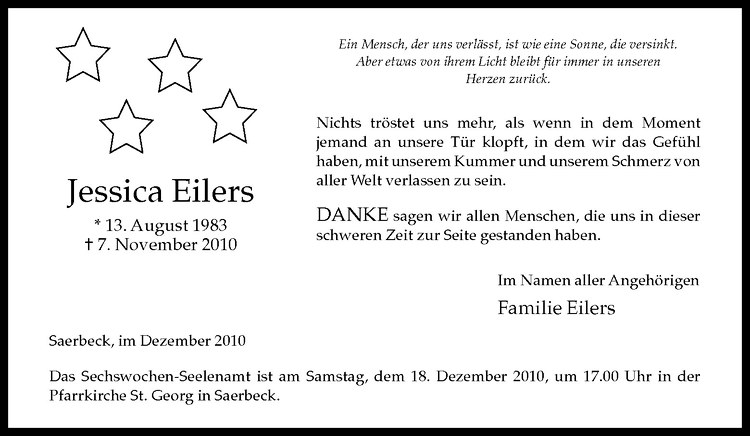  Traueranzeige für Jessica Eilers vom 17.12.2010 aus Westfälische Nachrichten