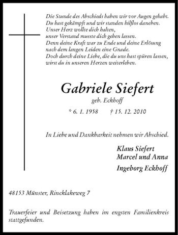 Anzeige von Gabriele Siefert von Westfälische Nachrichten