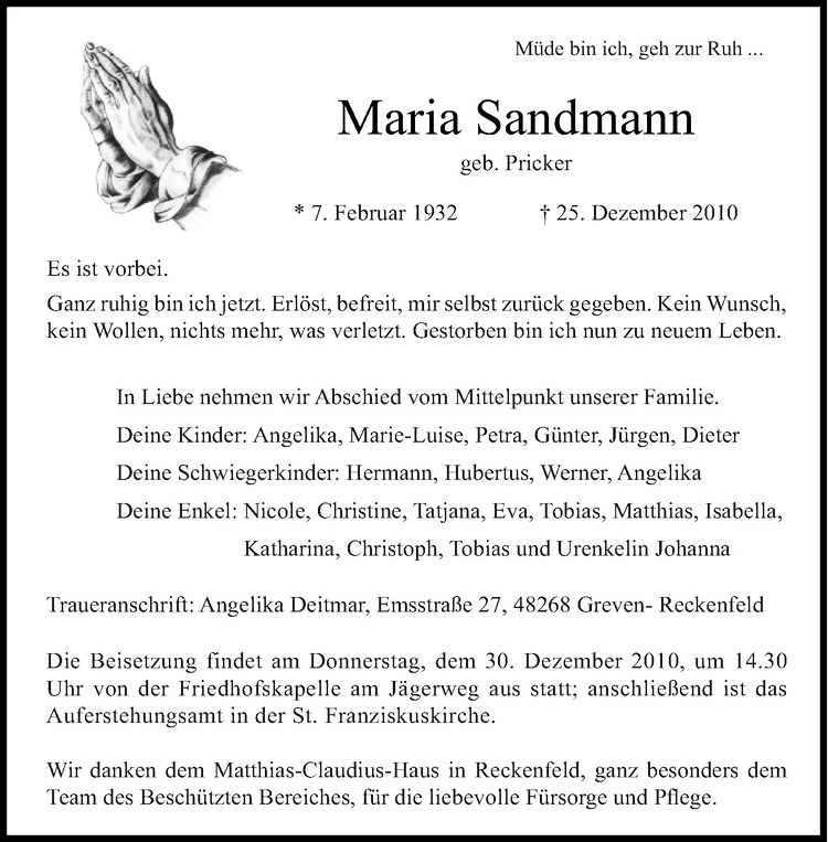  Traueranzeige für Maria Sandmann vom 29.12.2010 aus Westfälische Nachrichten