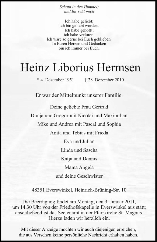  Traueranzeige für Heinz Liborius Hermsen vom 31.12.2010 aus Westfälische Nachrichten