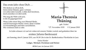 Anzeige von Maria-Theresia Thüning von Westfälische Nachrichten