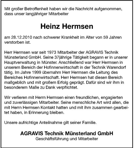  Traueranzeige für Heinz Liborius Hermsen vom 06.01.2011 aus Westfälische Nachrichten