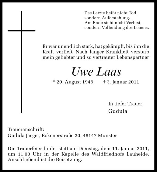  Traueranzeige für Uwe Laas vom 07.01.2011 aus Westfälische Nachrichten