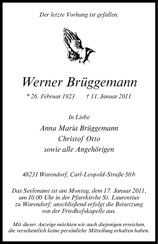  Traueranzeige für Werner Brüggemann vom 13.01.2011 aus Westfälische Nachrichten