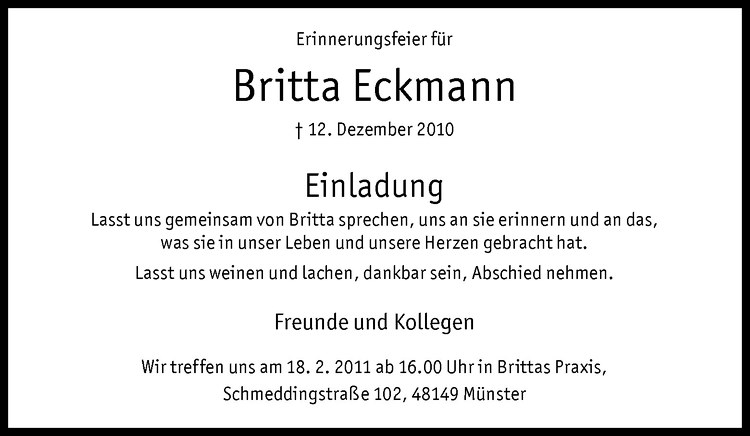  Traueranzeige für Britta Eckmann vom 22.01.2011 aus Westfälische Nachrichten