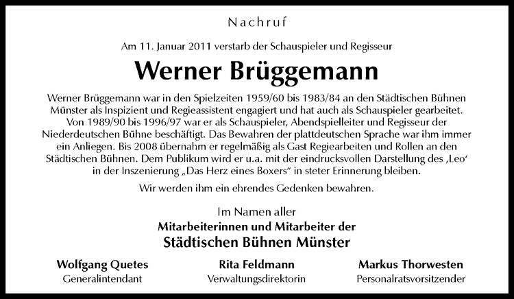  Traueranzeige für Werner Brüggemann vom 17.01.2011 aus Westfälische Nachrichten