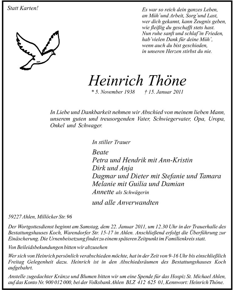  Traueranzeige für Heinrich Thöne vom 18.01.2011 aus Westfälische Nachrichten