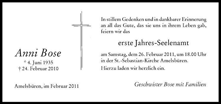  Traueranzeige für Anni Bose vom 19.02.2011 aus Westfälische Nachrichten