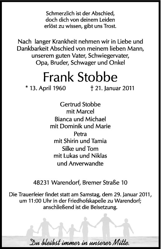  Traueranzeige für Frank Stobbe vom 27.01.2011 aus Westfälische Nachrichten