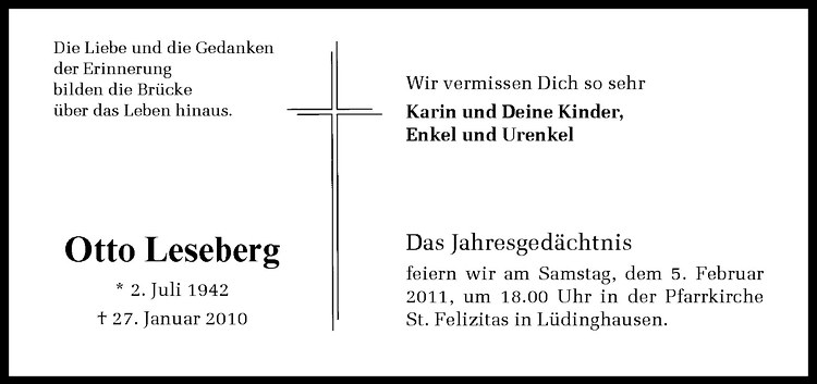  Traueranzeige für Otto Leseberg vom 29.01.2011 aus Westfälische Nachrichten