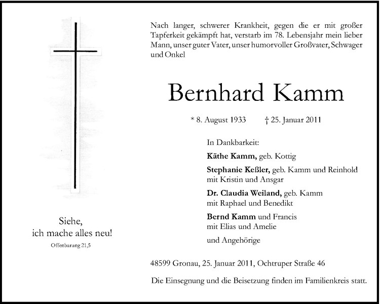  Traueranzeige für Bernhard Kamm vom 27.01.2011 aus Westfälische Nachrichten