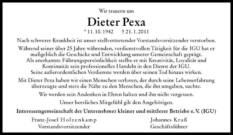  Traueranzeige für Dieter Pexa vom 29.01.2011 aus Westfälische Nachrichten