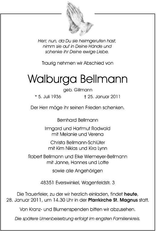  Traueranzeige für Walburga Bellmann vom 28.01.2011 aus Westfälische Nachrichten