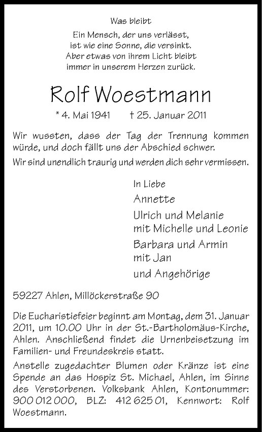  Traueranzeige für Rolf Woestmann vom 28.01.2011 aus Westfälische Nachrichten