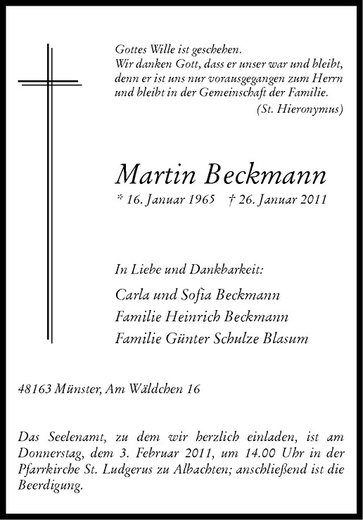 Brandmand Forkortelse tin Traueranzeigen von Martin Beckmann | www.trauer.ms