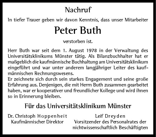  Traueranzeige für Peter Buth vom 31.01.2011 aus Westfälische Nachrichten