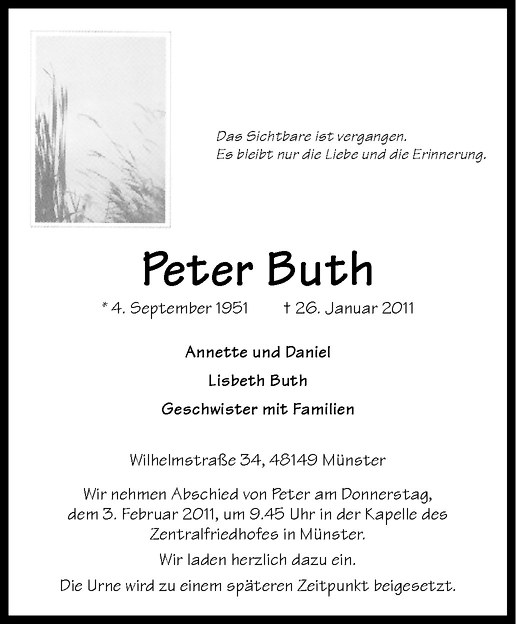  Traueranzeige für Peter Buth vom 31.01.2011 aus Westfälische Nachrichten