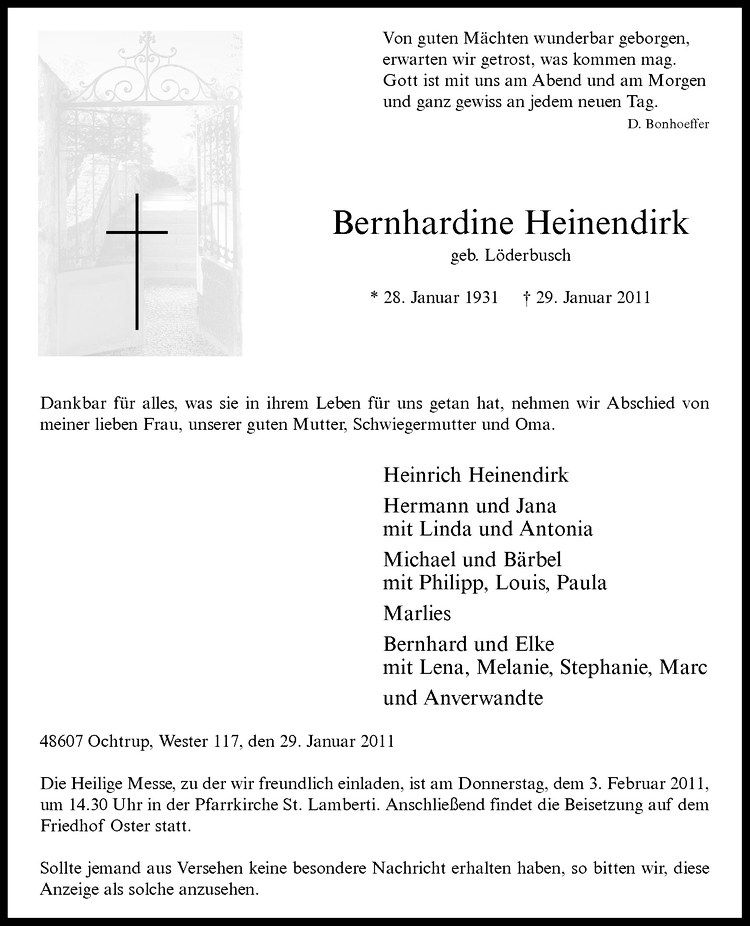  Traueranzeige für Bernhardine Heinendirk vom 01.02.2011 aus Westfälische Nachrichten