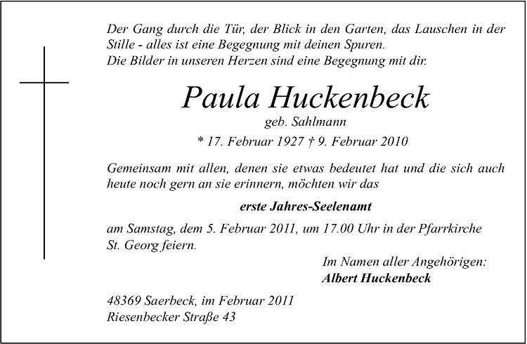  Traueranzeige für Paula Huckenbeck vom 03.02.2011 aus Westfälische Nachrichten