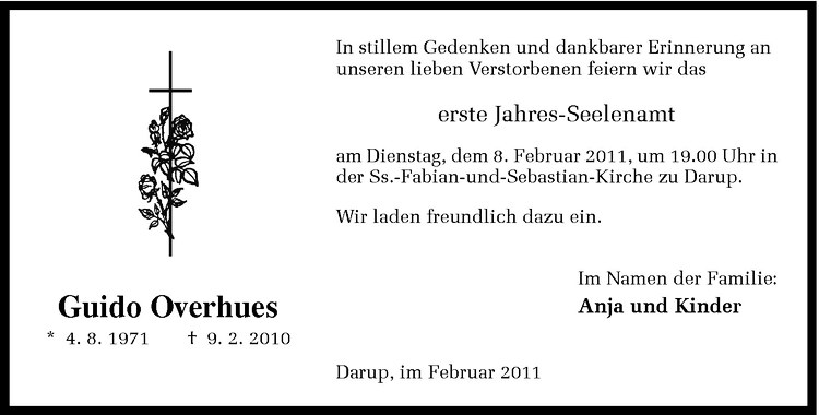  Traueranzeige für Guido Overhues vom 05.02.2011 aus Westfälische Nachrichten