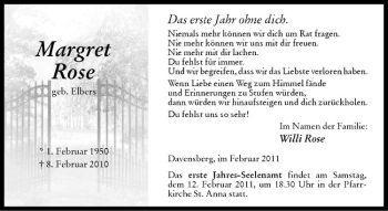 Anzeige von Margret Rose von Westfälische Nachrichten