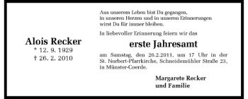 Anzeige von Alois Recker von Westfälische Nachrichten