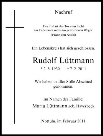 Anzeige von Rudolf Lüttmann von Westfälische Nachrichten