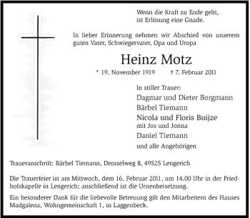 Anzeige von Heinz Motz von Westfälische Nachrichten