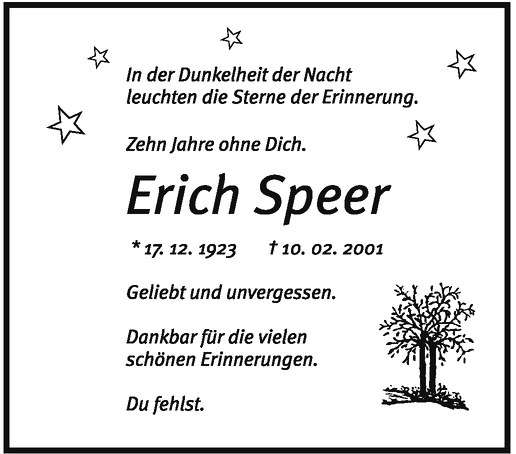  Traueranzeige für Erich Speer vom 10.02.2011 aus Westfälische Nachrichten