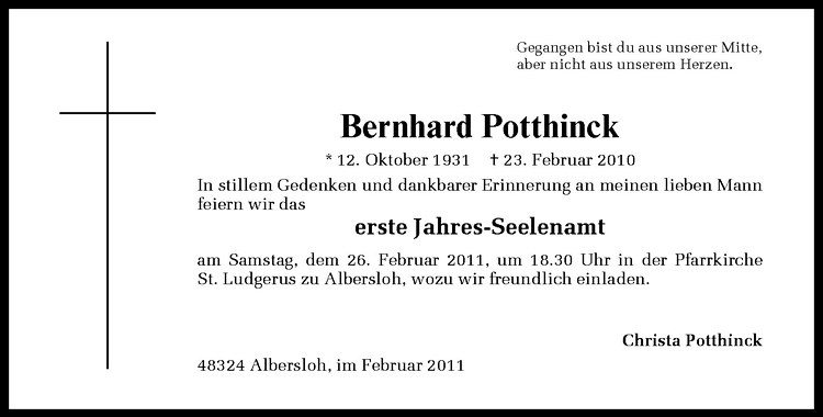  Traueranzeige für Bernhard Potthinck vom 19.02.2011 aus Westfälische Nachrichten