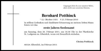 Anzeige von Bernhard Potthinck von Westfälische Nachrichten